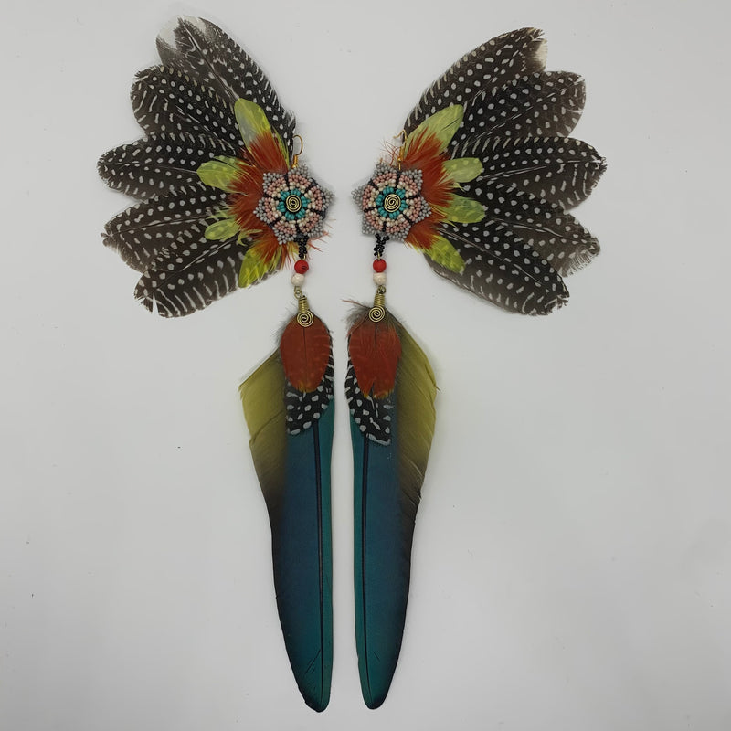 Feather Wing Earrings w Beaded flower 14