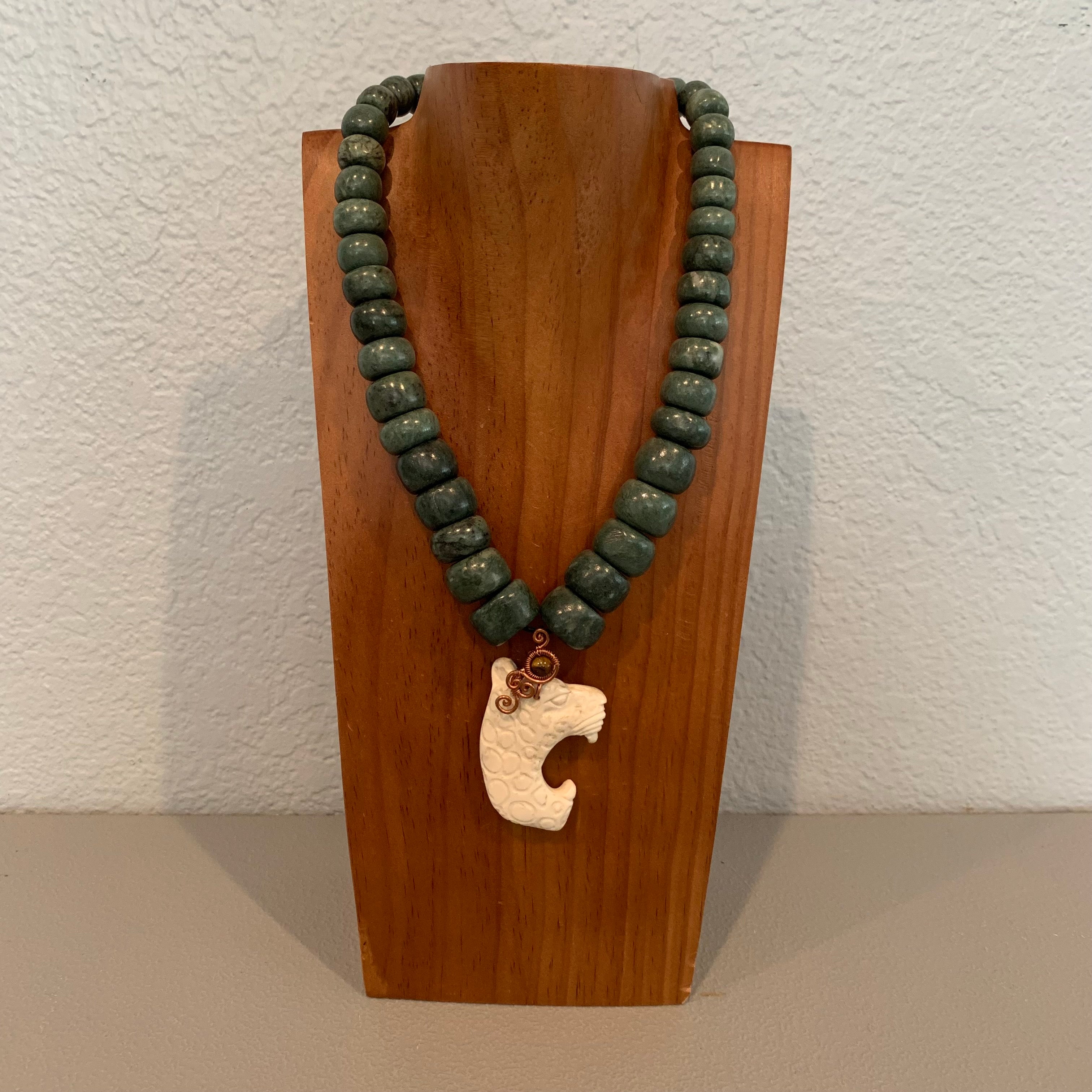 Necklace - Guatamala Jade w bone resin Jaguar