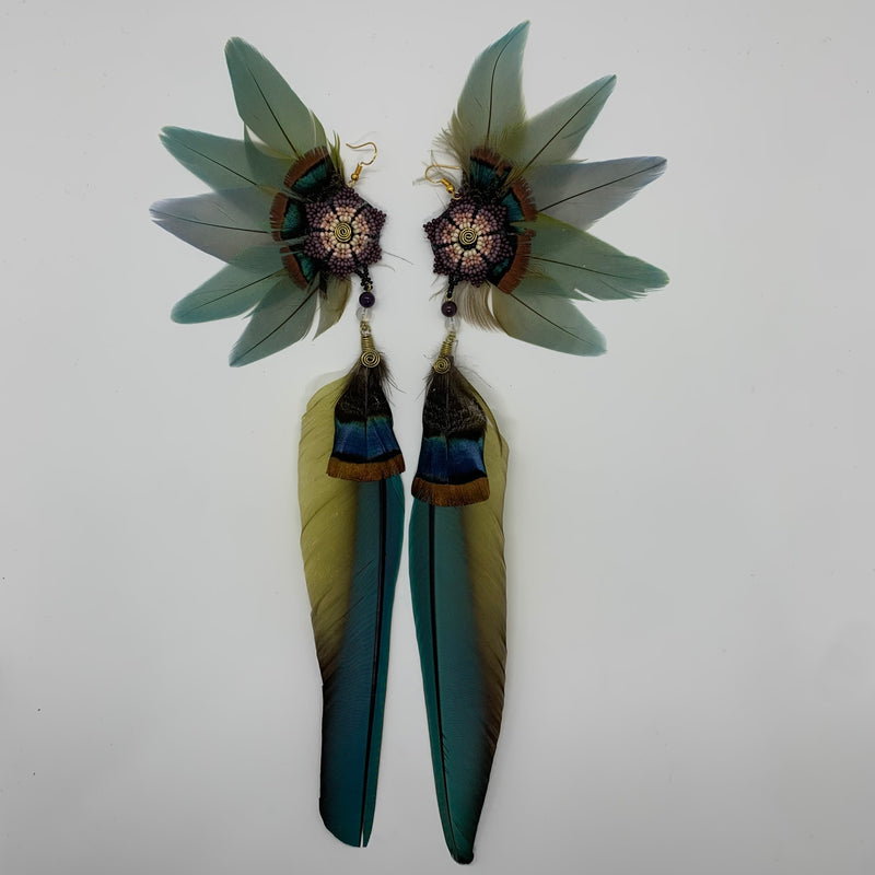 Feather Wing Earrings w Beaded flower 4
