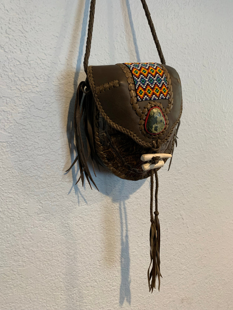 Hand made leather n beaded turtle bag 2