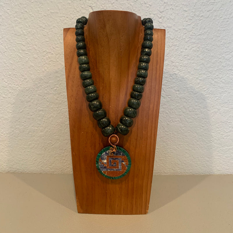 Necklace - Guatamala Jade w Obsidian mosaic shield 2