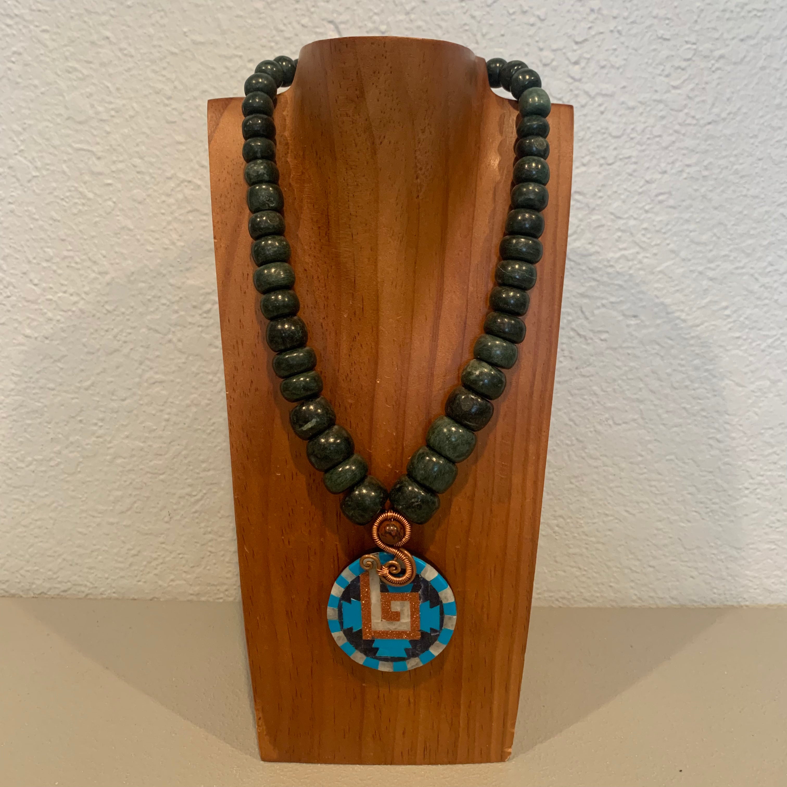 Necklace - Guatamala Jade w Obsidian mosaic shield