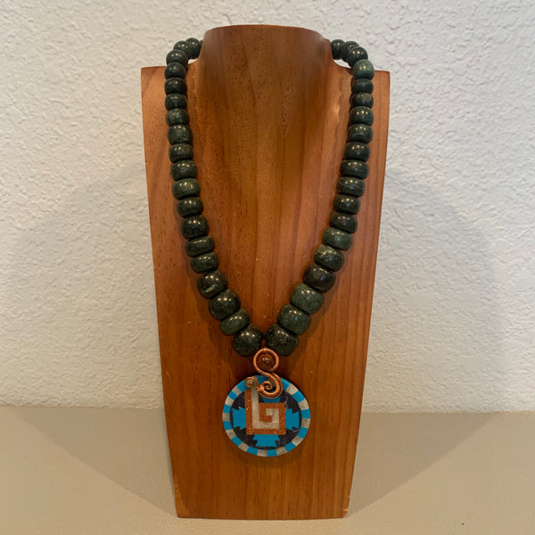 Necklace - Guatamala Jade w Obsidian mosaic shield