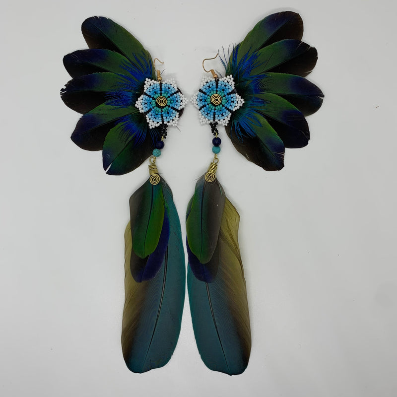 Feather Wing Earrings w Beaded flower 23
