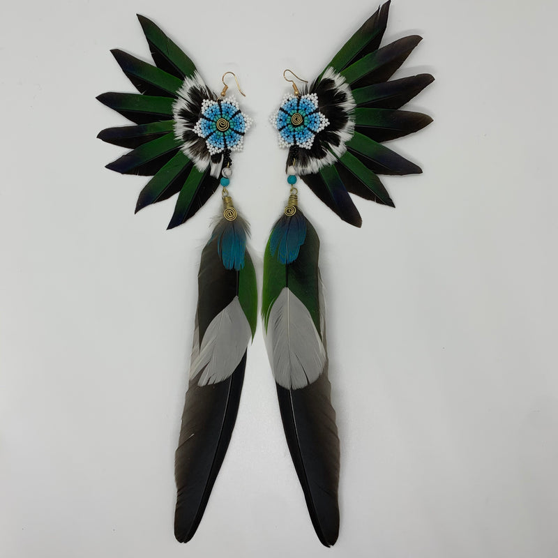 Feather Wing Earrings w Beaded flower 30