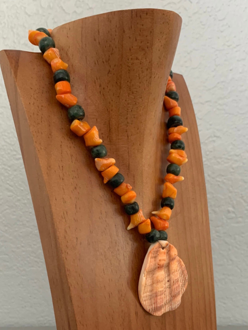 Necklace - Jade and Coral w Shell pendent
