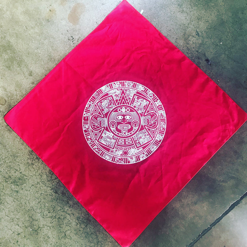 Bandana - Red Aztec Calendar - 27” x 27”