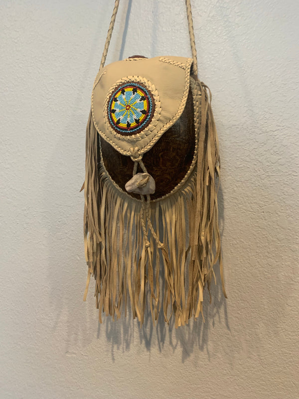 Hand made leather and beaded turtle bag