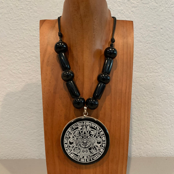 Necklace - Obsidian Aztec Calendar