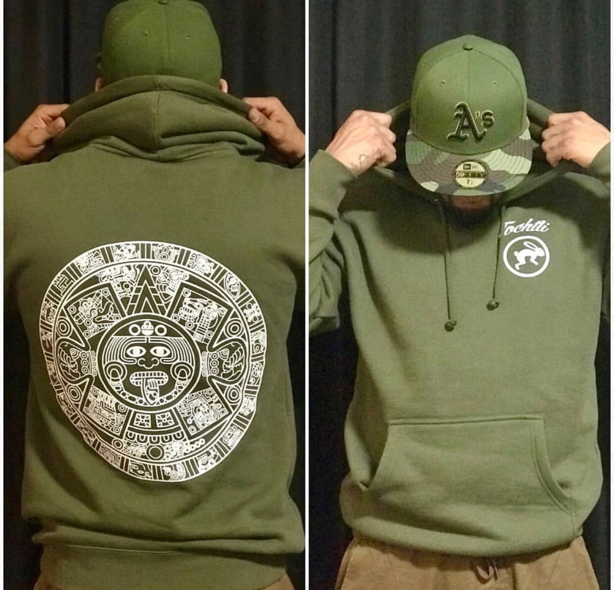 Hoodie - Aztec Calendar - Army Green