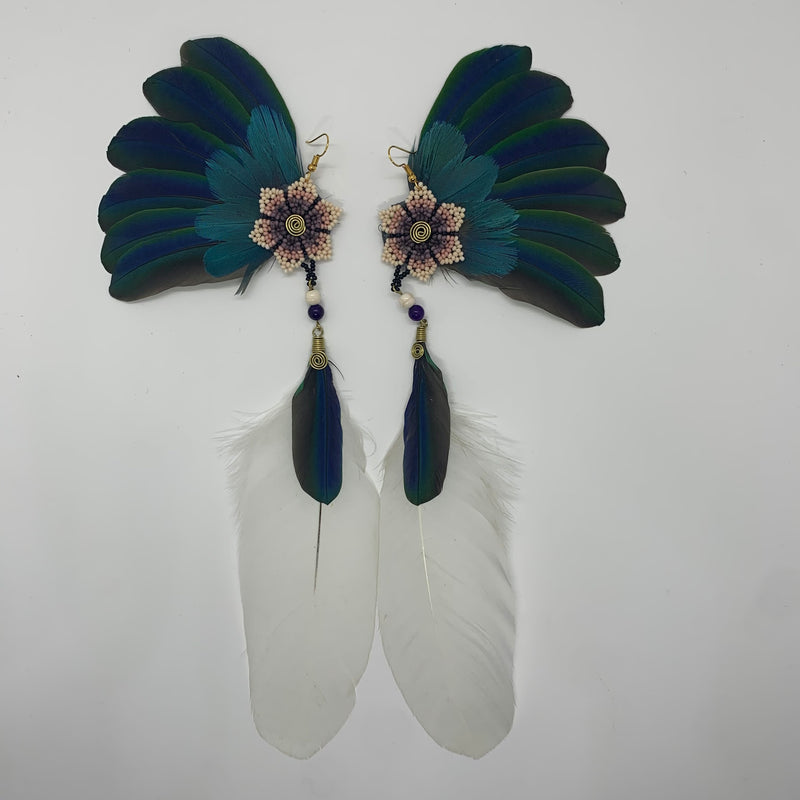 Feather Wing Earrings w Beaded flower 10