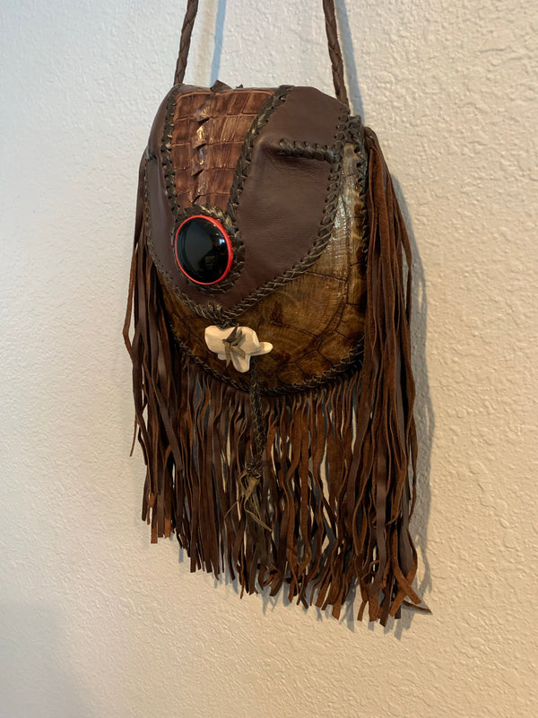 Hand made brown leather turtle bag
