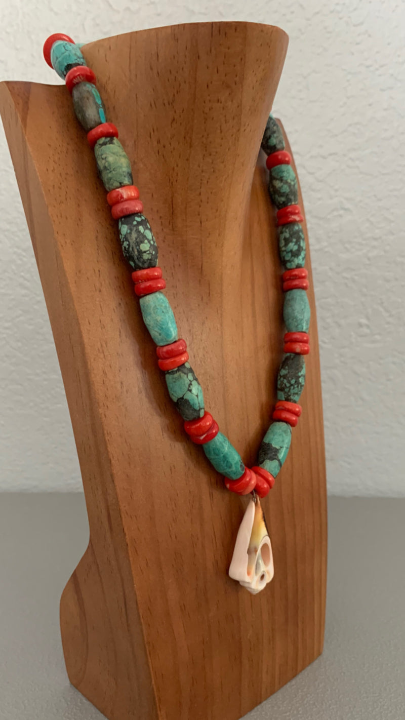 Necklace - Turqouise and Coral w Shell pendent