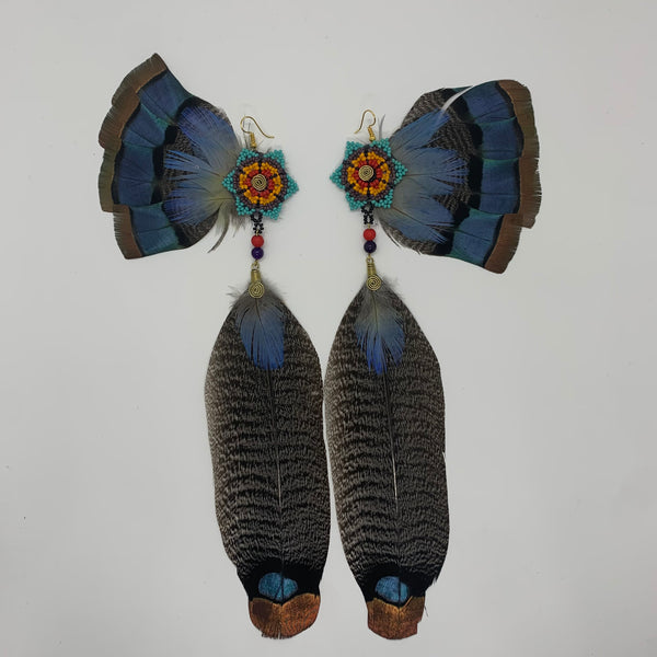 Feather Wing Earrings w Beaded flower 17